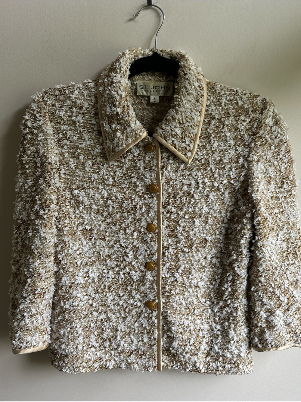 St. John Collection Cream & Tan Textured Bouclé Jacket with Gold Buttons